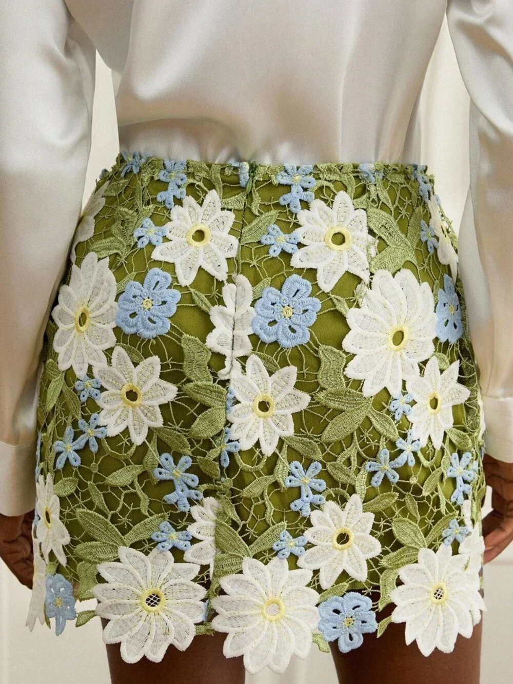 Green Elegant Women's French Luxury Crochet  Lace Floral High Waist Skirt